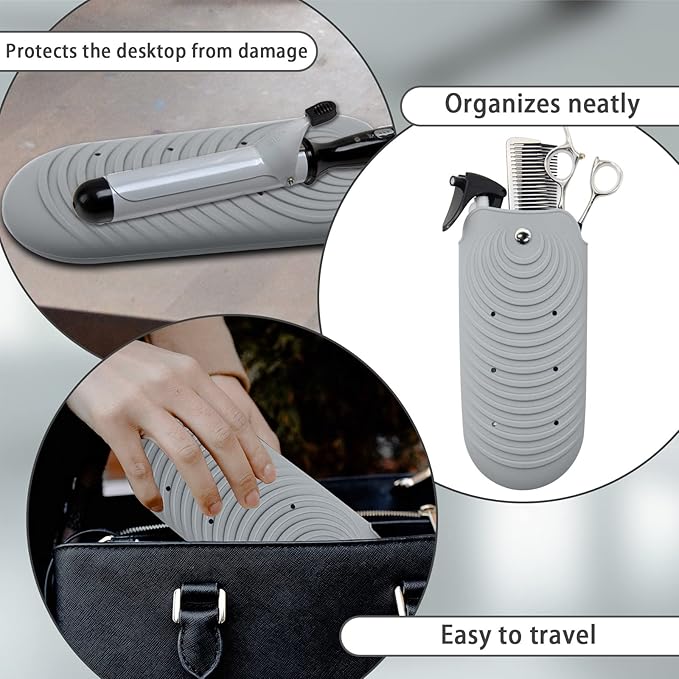 Heat Insulating Silicone Mat Pouch for Hair Styling Tools, Curling & Flat Irons Anti-Slip Travel Cover, Small Portable Straightener Pad for Curler Wands Storage, Hot Waver (Grey)