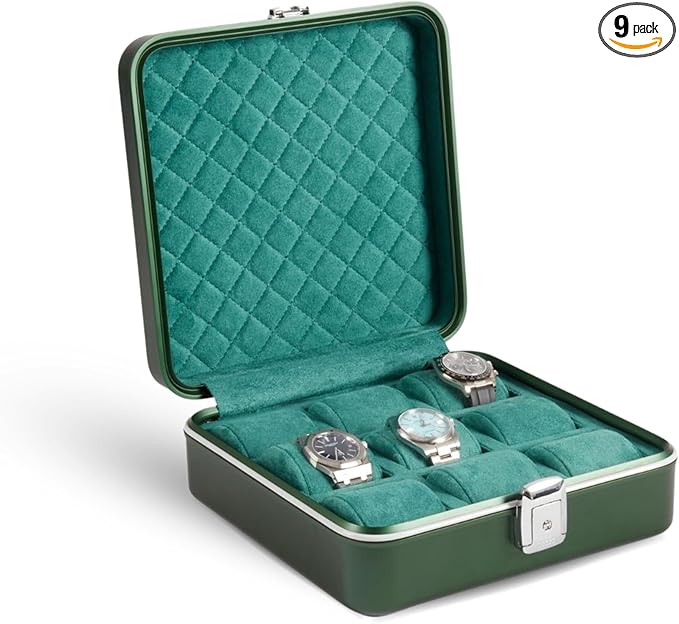 Bey-Berk Prague Aluminum Watch Case in Hunter Green – 9-Slot Locking Travel Box by Bey-Berk