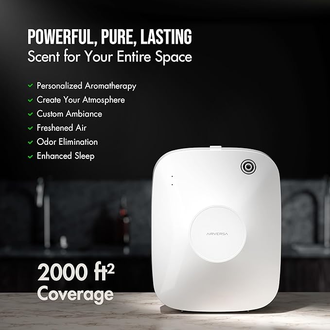 Airversa Smart Waterless Essential Oil Diffuser Scent Air Machine with 12A1V Power Adapter for Large Rooms Spaces Home and Commercial Use, Up to 2000 sq ft 400 mL Capacity Scent Diffuser, White ANA