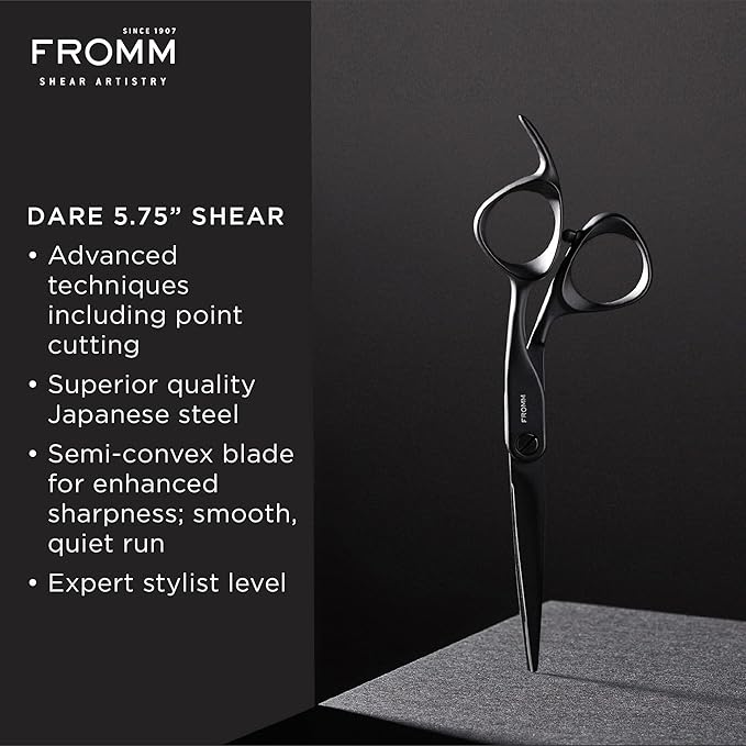 Fromm Dare 5.75" Precision Slide and Point Hair Cutting Shears with Semi-Convex Blade for Expert Salon Stylists, Matte Black Japanese Steel Scissors