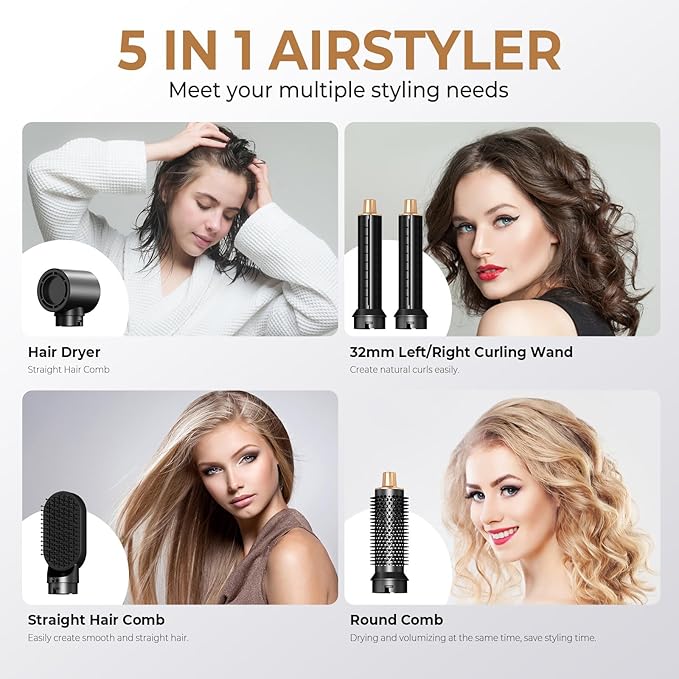 JINYAWA 5-in-1 Blow Dryer Brush & Air Styler Complete Set: Hair Dryer Brush, Hot Air Brush, Air Curler & Air Curling Wrap Hair Styling Tools for Straight, Curl, Dry, Smooth Styling as Gift
