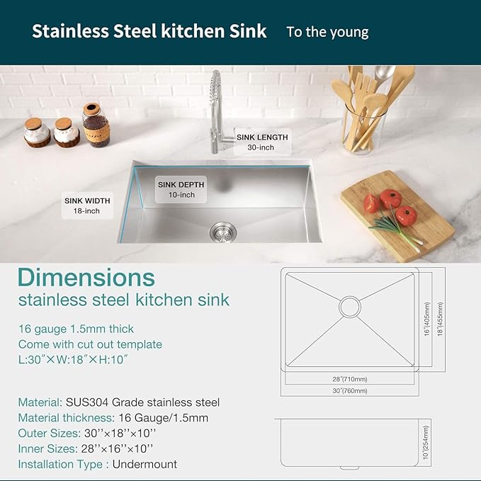 TORVA 30-Inch Undermount Kitchen Sink, Premium 304 Stainless Steel Bar Sink - Image 2