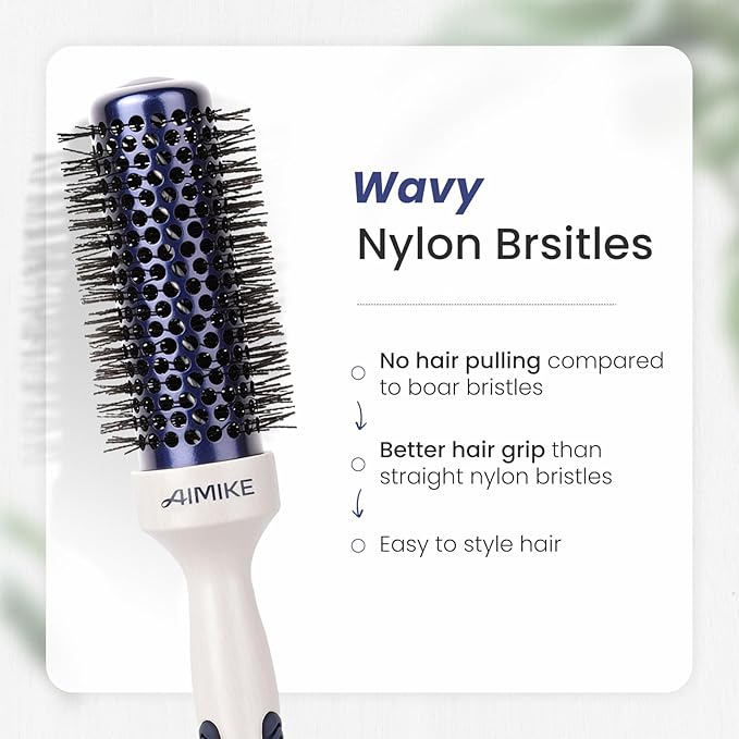 AIMIKE Nano Ionic Tech Small Round Brush, Ceramic Brush for Blow Drying, Styling and Boosting Volume, Natural Wood Handle - 1.4 Inch/35mm