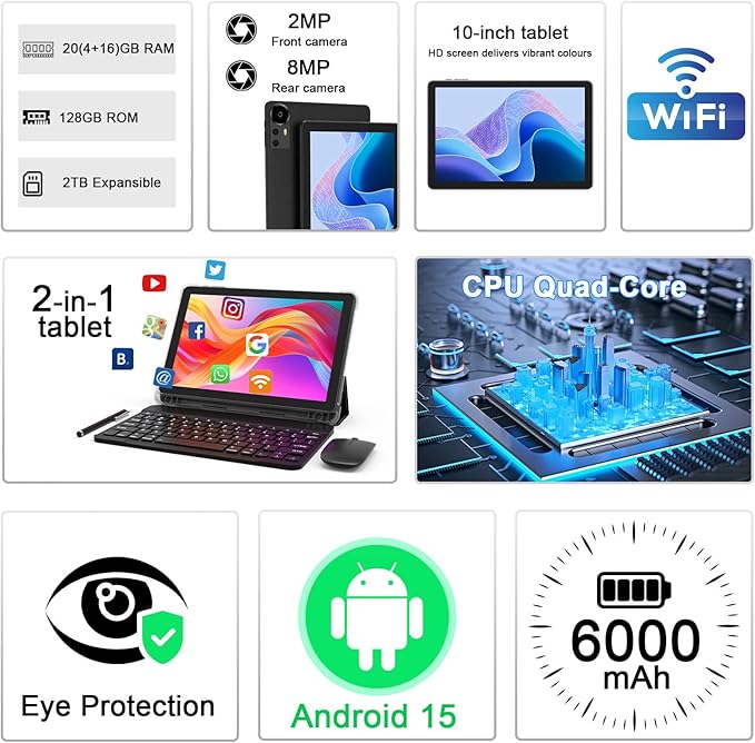 Android 15 Tablet 10 Inch, 20GB RAM+128GB ROM/2TB Expandable, 2 in 1 Tablets - Image 2