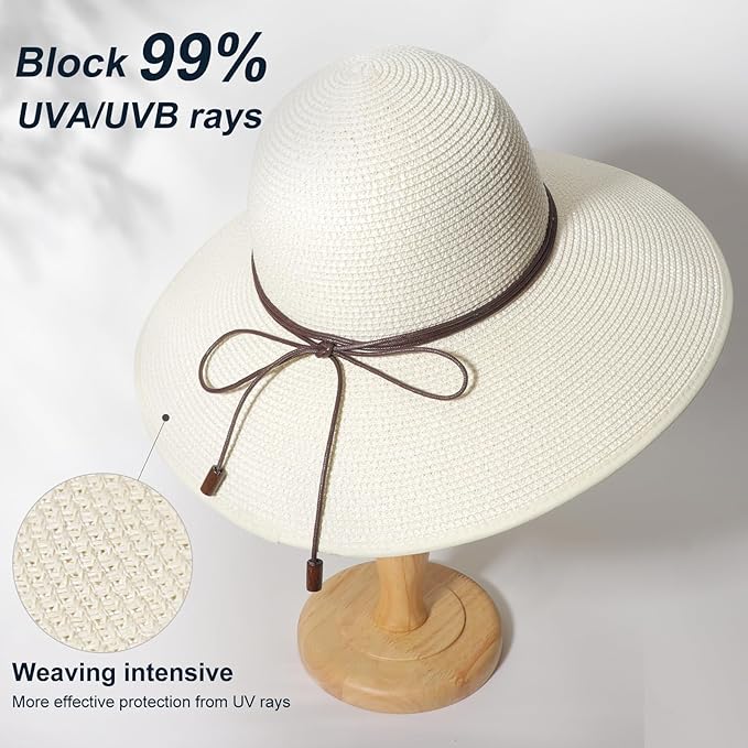 DRESHOW Beach Hats for Women Big Straw Wide Brim Summer Hat Floppy Foldable - Image 2