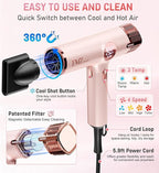 FMZ Professional Hair Blow Dryer with Smart Display, 1875W High Speed BLDC Motor for Fast Drying, Portable Mini Lightweight Quiet, Pink Curly Ionic Diffuser HairDryer for Women Girls Teen Salon Travel