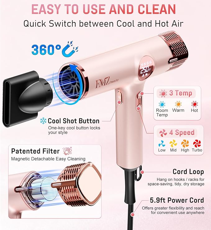 FMZ Professional Hair Blow Dryer with Smart Display, 1875W High Speed BLDC Motor for Fast Drying, Portable Mini Lightweight Quiet, Pink Curly Ionic Diffuser HairDryer for Women Girls Teen Salon Travel