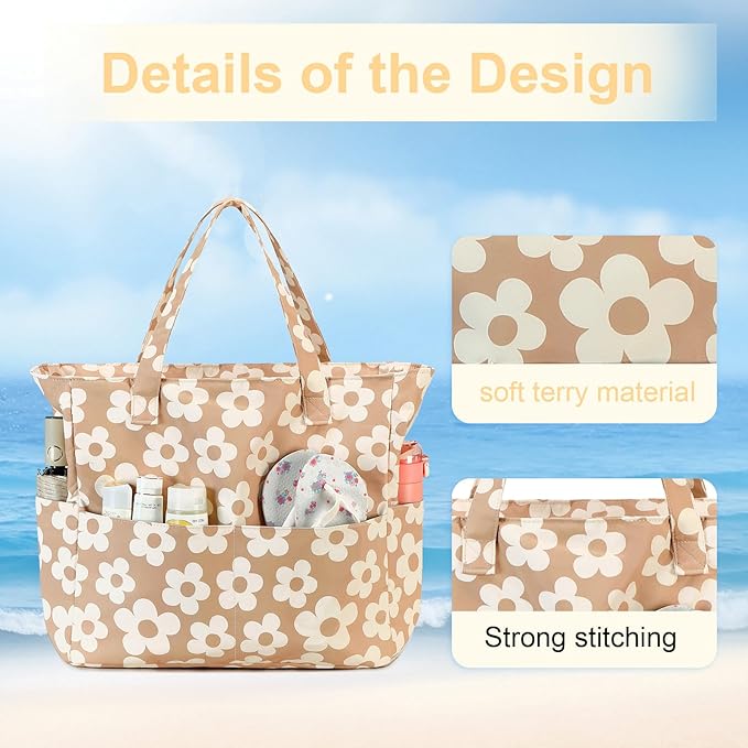 LEDAOU Large Beach Tote Bag Women Waterproof Sandproof Zipper Beach Tote Bag - Image 4