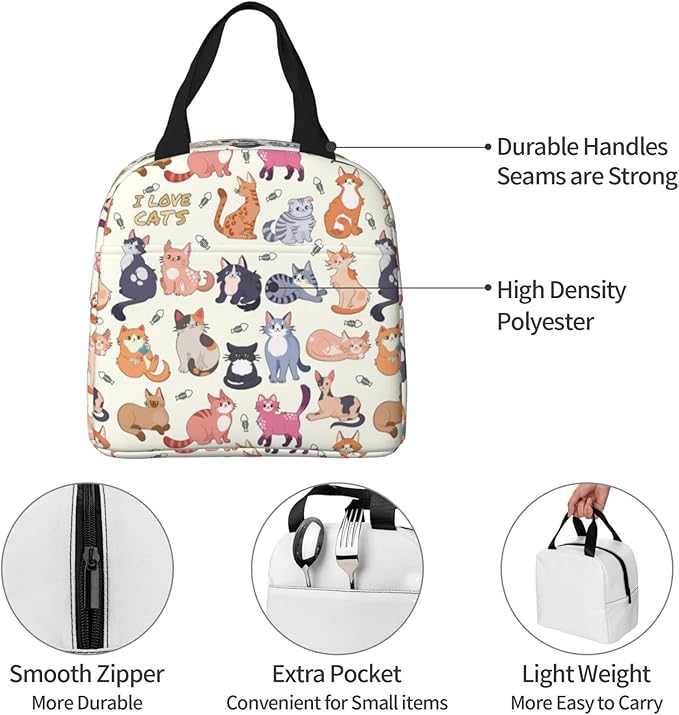 Cute Cat Lunch Box Kitten Lunch Bag Insulated Reusable Lunch Tote Bag Cooler - Image 7
