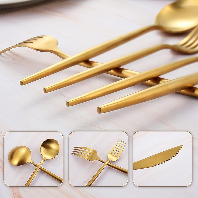 Matte Gold Silverware Set, IBIILII JEFF 40 Pieces Stainless Steel Flatware - Image 4