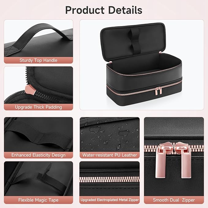 Travel Hair Dryer Case for Shark Flexstyle, Double-Layer Carrying Case for Shark Flex Style Blow Dryer, Portable Hair Tools Storage Organizer Bag for Shark Beauty Hairdryer Attchments(Black Rose Gold)