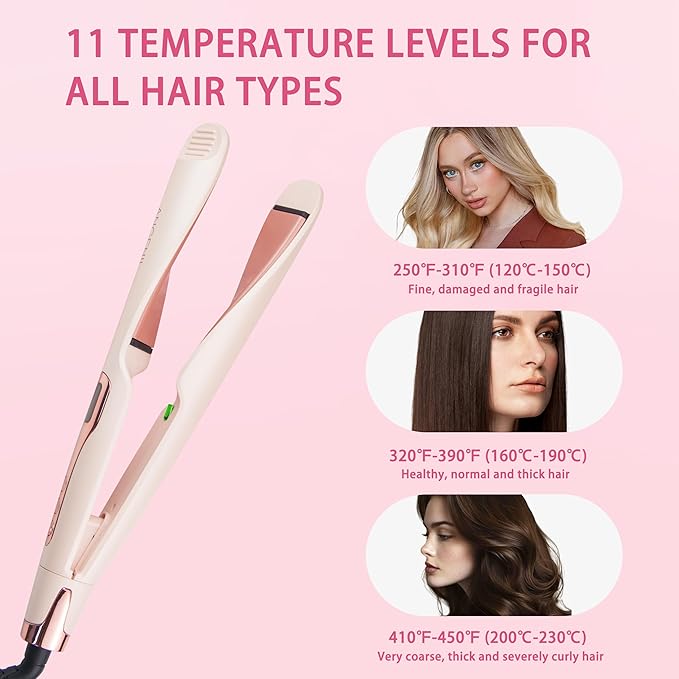 ANGENIL Pro Hair Straightener and Curler 2 in 1, Twist Flat Iron Hair Straightener for Women, Dual Voltage Round Pink Flat Iron with Anti-Scalding Silicone Mat, 11 Adjustable Temp for All Hair Types