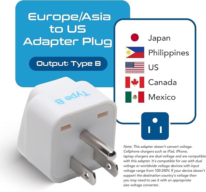 Ceptics Europe to US plug adapter, Type B USA Plug adapter compatible - Image 3