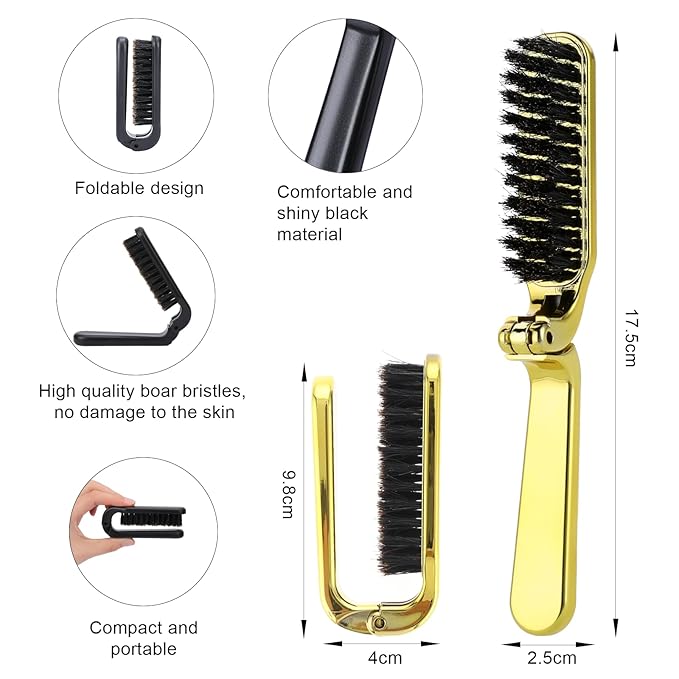 Foldable Boar Bristle Hair Brush, Small Folding Hairbrush Collapsable Mini Travel Hair Brush Anti-Static Range Hair Brush for Women, Portable Pocket Comb Hair Styling Tool,Beard Brush for Men (Gold)