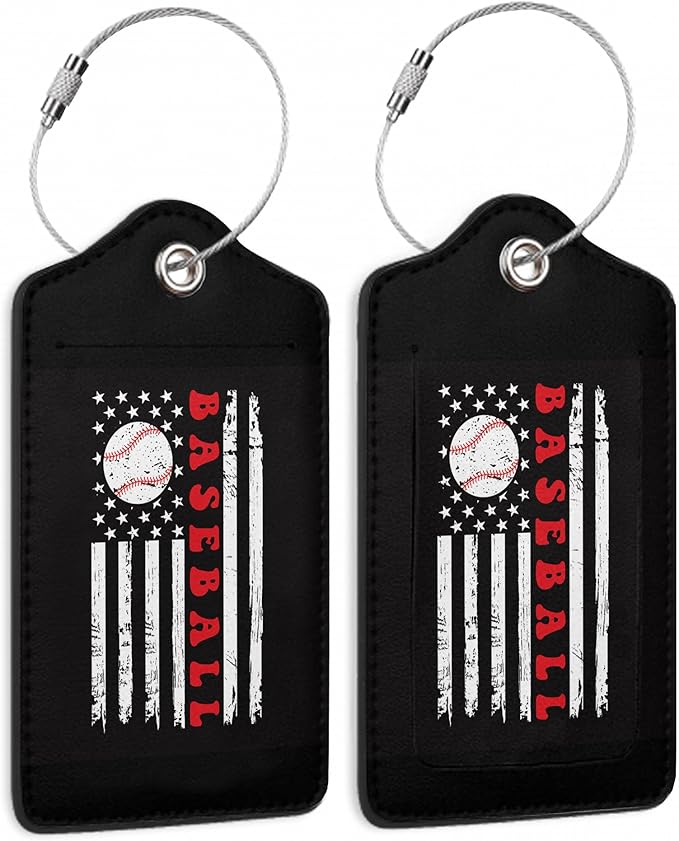 2 Pack Leather Luggage Tag for Suitcase Vintage Baseball American Flag Unique by TXIANT