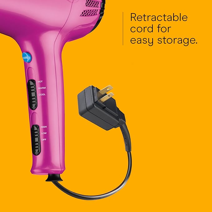Conair Hair Dryer with Retractable Cord, 1875W Blow Dryer, 3 Heat Settings, 2 Speeds, Blow Dryer with Diffuser and Concentrator Attachments, Ionic + Tourmaline Technology, Pink