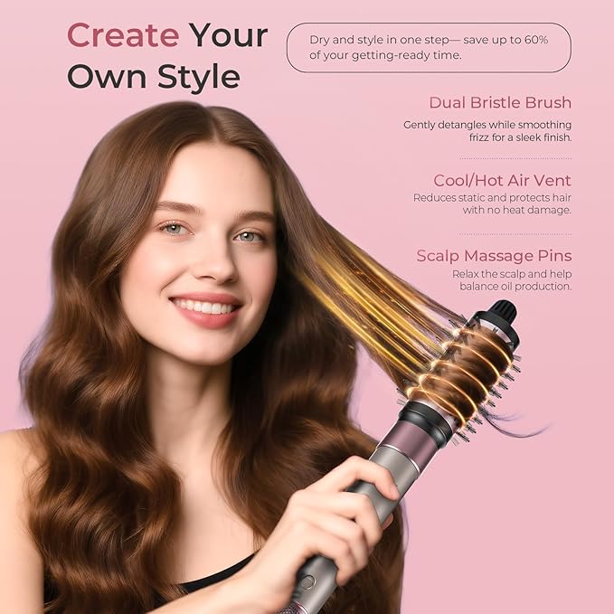 7-in-1 Hair Dryer Brush Blow Dryer, Hot Air Brush Styler with Travel Bag– Fast Drying, Curling, Straightening & Volumizing – 1500W High-Speed Motor 110,000 RPM – All Hair Types – Pink