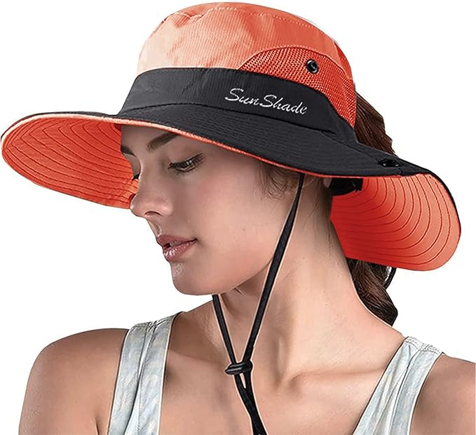 ZOORON Women's Ponytail Safari Sun Hat, Wide Brim UV Protection Outdoor Bucket by ZOORON