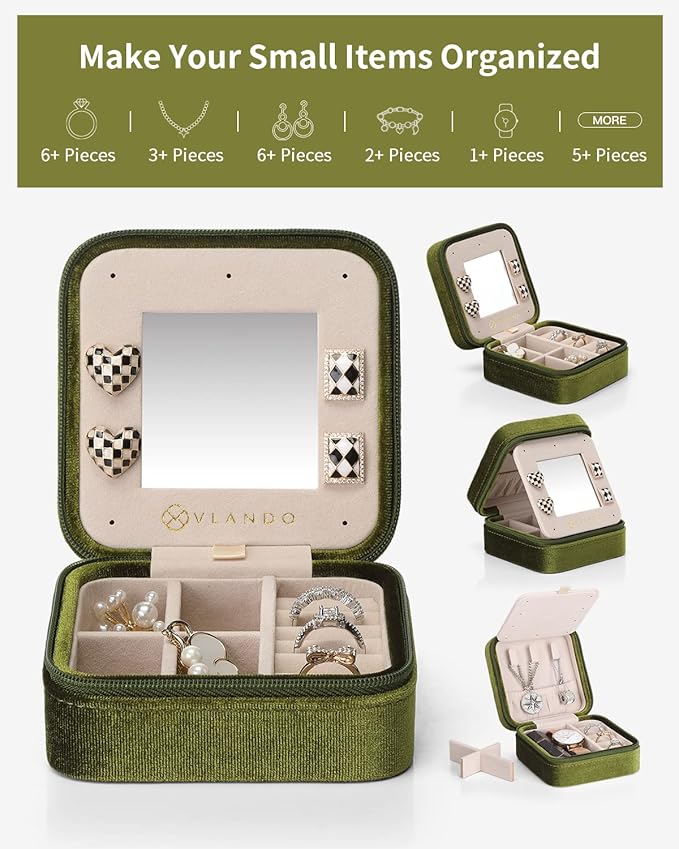 Vlando Plush Velvet Travel Jewelry Case, Personalized Initial Jewelry Boxes - Image 3