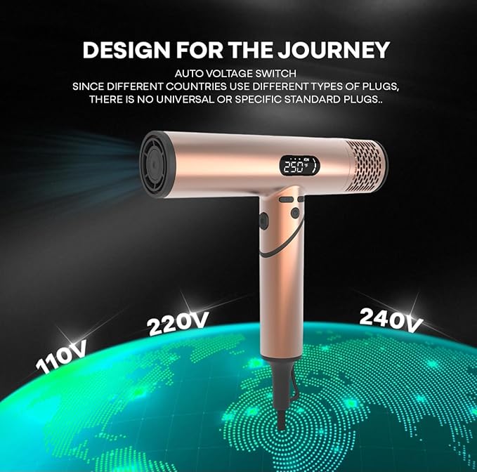 Dual Voltage Travel Hair Dryer with Magnetic Diffuser - 1500W High-Speed Ionic Blow Dryer, Worldwide 110V-240V, Ultra-Lightweight & Compact, Fast Drying with Smart Intelligent Heat Control