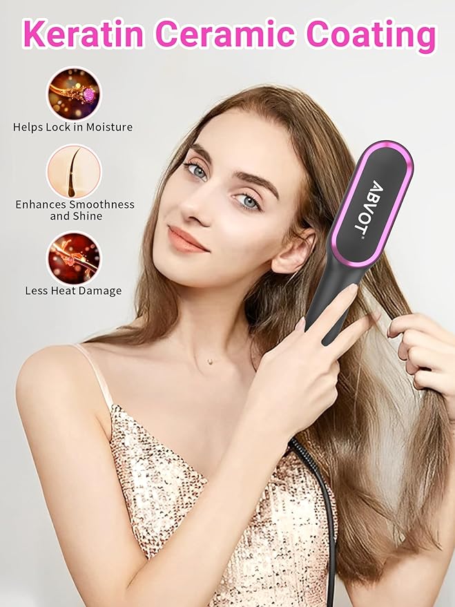 Hair Straightener Brush with Air Vents, ABVOT All in 1 Hot Air Straightening Comb for Black Women, Dual Voltage, Auto Shut Off, Anti Scald Shell, Fast Heat Up, for Curly Hair | Black