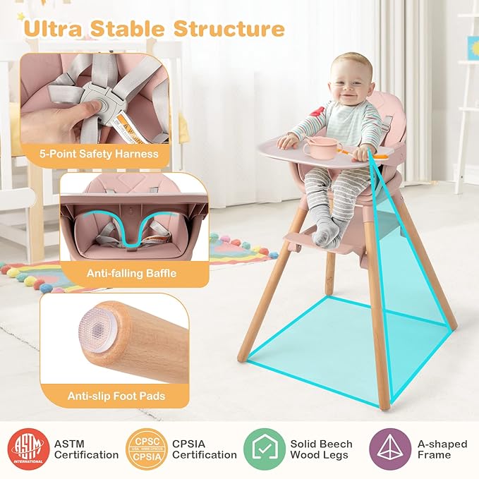 HONEY JOY Baby High Chair, 6 In 1 Convertible Wooden Highchair - Image 6