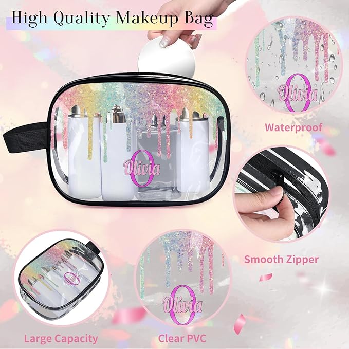 Personalized Name Makeup Bag, Custom Women Transparent PVC Cosmetic Travel Toiletry Bag Pouch Organizer for Vacation Weekend Colorful Rainbow Sequins Water Fluid Shape
