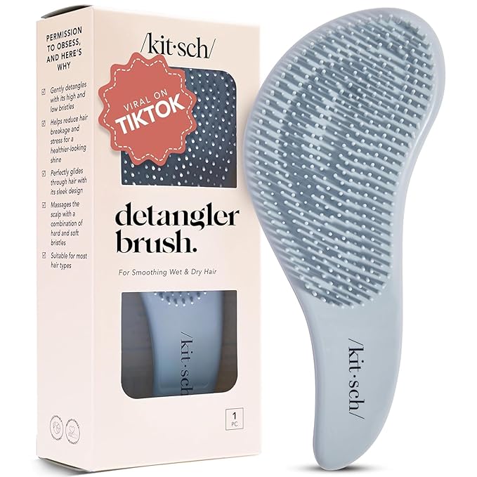 Kitsch Detangler Brush – Gentle Curly Hair Brush with Flexible Bristles for All Hair Types - Wet or Dry | Detangling Hair Brushes for Women & Men, Hairbrush for Adults & Kids - Haze Blue