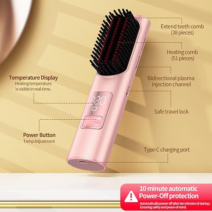 Cordless Hair Straightener Brush, Mini Brush Straightener for Travel,Portable Straightening Brush for Women,Hot Comb Styling Tools & Appliances, Pink