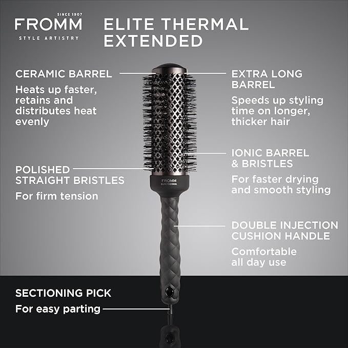 Fromm Elite Thermal Ceramic x Ionic 1.75" Round Brush for Expert Blowouts and Faster Hair Drying | Extended Barrel for Styling, Smoothing, Straightening Longer Thicker Hair