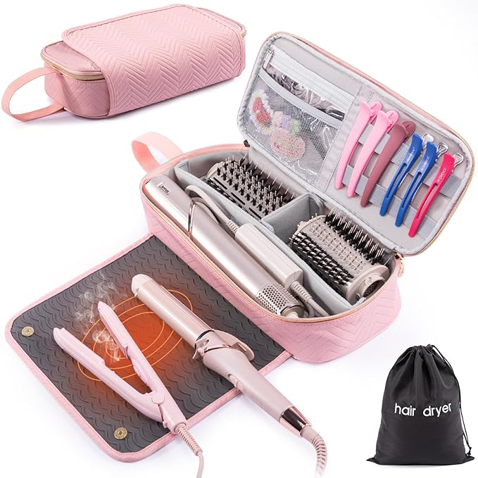 2IN1 Hair Tools Travel Bag with Heat Resistant Mat for Shark Flexstyle, Flat Irons, Straighteners, Curling Iron, Hair Dryer Case Compatible with Revlon One-Step Hair Dryer, Hair Essentials