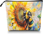 Cosmetic Bags Travel Makeup Toilet Case Waterproof Pouch for Women Girls 6.7X9.45inches - Bee on A Sunflower in Watercolor Painting