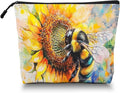 Cosmetic Bags Travel Makeup Toilet Case Waterproof Pouch for Women Girls 6.7X9.45inches - Bee on A Sunflower in Watercolor Painting