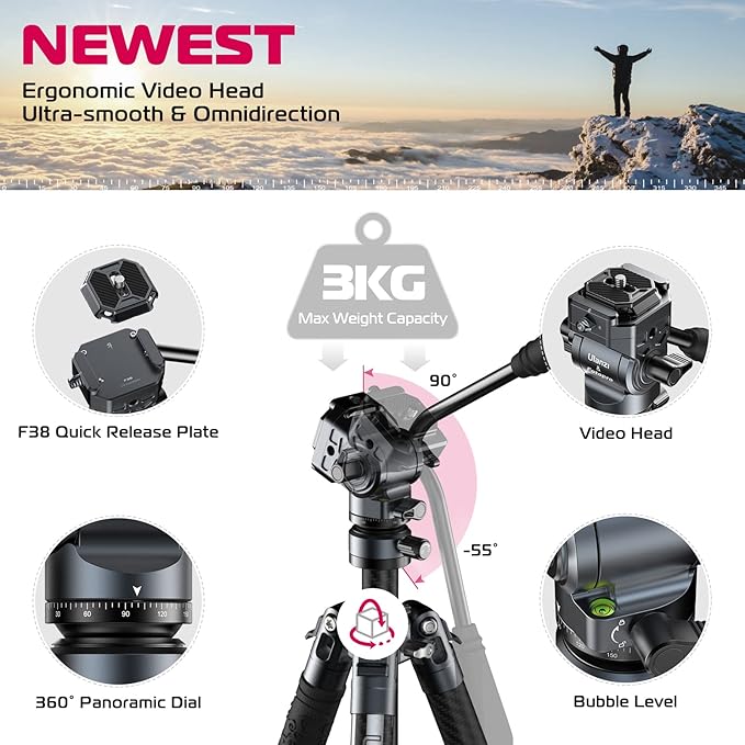 ULANZI F38 Video Travel Tripod, 61.4" Lightweight Carbon Fiber Camera Tripod - Image 2