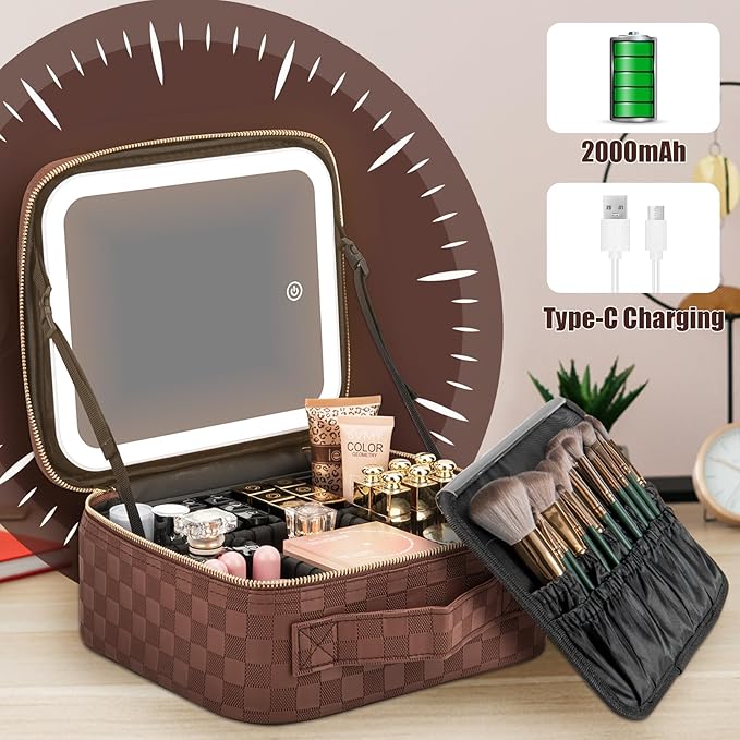 Makeup Travel Train Case with Mirror LED Light 3 Adjustable Brightness Large - Image 5