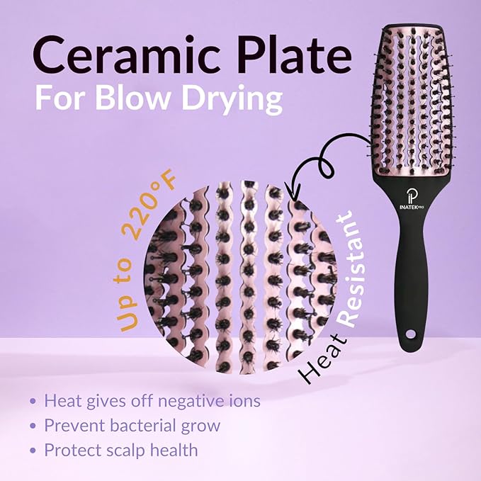 Curved Vented for Blow Drying - Boar Bristle Brush (Medium) with Comfortable Handle - Soft Bristle Brush for Thick and Fine Hair - Natural Boar Bristles for Women, Men & Kids - Rose Gold