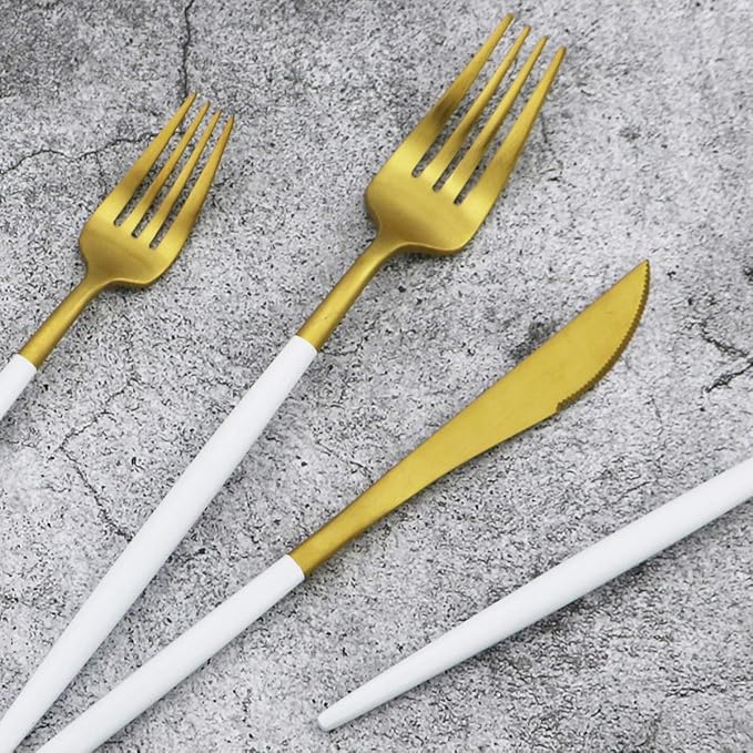 White Handle Matte Gold Silverware Set, Gugrida 5-Piece 18/10 Stainless Steel - Image 6