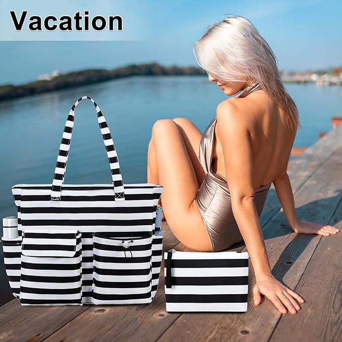 LEDAOU Large Beach Tote Bag Women Waterproof Sandproof Zipper Beach Tote Bag - Image 2