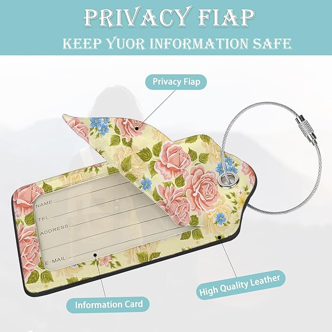 Pink Rose Luggage Tag, Flowers Retro Luggage Tags of Set 2 Leather Identifiers - Image 2