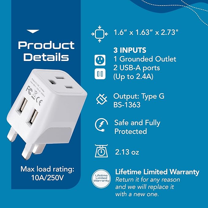 Ceptics European Plug Adapter, Safe USB-C 30W PD & QC 3.0-2 USA Socket - Image 5