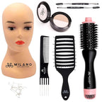 Milano Collection Deluxe Wig Styling Kit, 12” Silicone Mannequin Head with Suction Table Stand and 30 T-Pins; Scalp Illusion Duo, Hot Air Brush, Gentle Brush, and Teasing Comb For Wig Styling