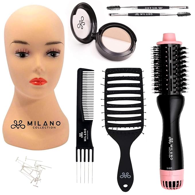 Milano Collection Deluxe Wig Styling Kit, 12” Silicone Mannequin Head with Suction Table Stand and 30 T-Pins; Scalp Illusion Duo, Hot Air Brush, Gentle Brush, and Teasing Comb For Wig Styling
