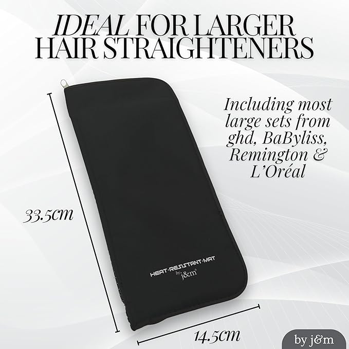 Flat Iron Hair Straightener Silicone Mat & Pouch Pack by j&m - with Heat Proof Mat for Curling Tongs/Wands/Irons - Fits ghd, BaByliss & Larger Straighteners - Zip-Up All-in-One Compact Travel Case