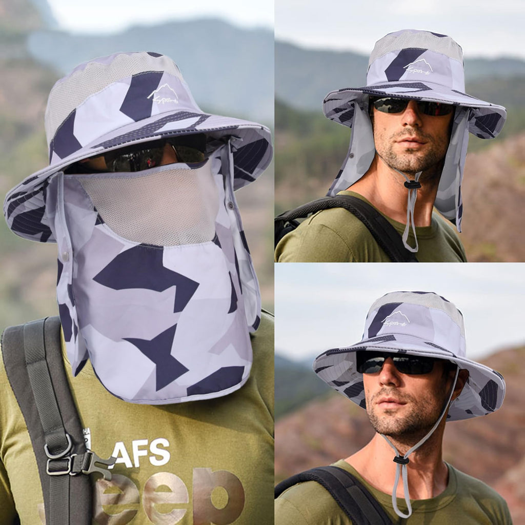 Sun Hats for Men Women Fishing Hat UPF 50+ Breathable Wide Brim Summer UV Protection Hat with Face Cover & Neck Flap (Camo Light Grey(with Face Cover & Neck Flap ))