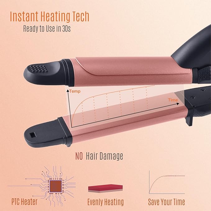 2 in 1 Hair Straightener and Curler, 1 Inch Ceramic Flat Iron & Curling Iron Combo, Mini Travel Dual Voltage 100‑240V, Fast PTC Heating, 360° Swivel Cord, Heat‑Resistant Travel Pouch, Rose Gold