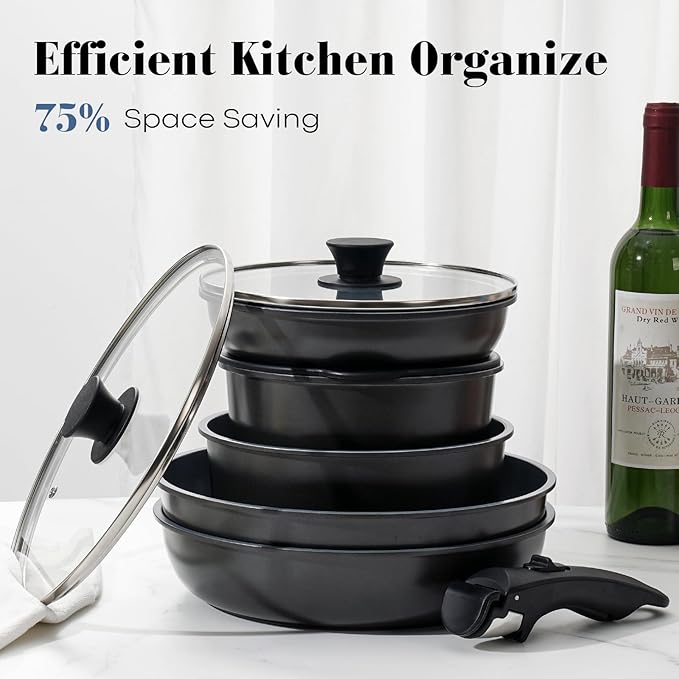 15 Pcs Pots and Pans Set Non Stick, Detachable Handle Ceramic Cookware Sets - Image 4