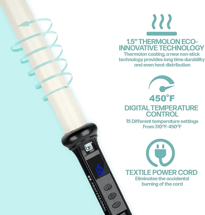 Hair Curling Irons, Be. Professional Ceramic Hair Curling Wand 1 Inch Instant Heat Hair Curler with LCD 310℉ - 450℉ Temperature Control for All Hair Types Include Glove (1.5")