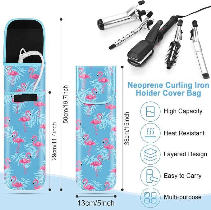 Shappy 2 Pcs Heat Resistant Hair Tools Bag Curling Iron Travel Case Cover Neoprene Flat Iron Holder Travel Case and Silicone Mat Pouch for Hot Hair Tools Storage Organizer(Flamingo Style)