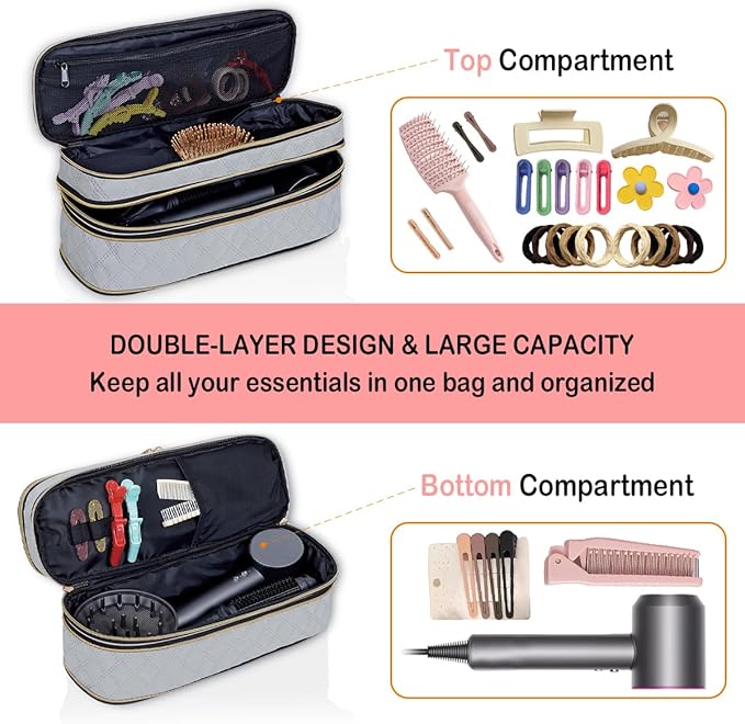 Hair Dryer Travel Carrying Case, Curling Iron Storage Bag, Slim Expandable Handheld Dual-Layer Travel Storage Bag for Dryer/Hair Tool Organizer/Style Organizer