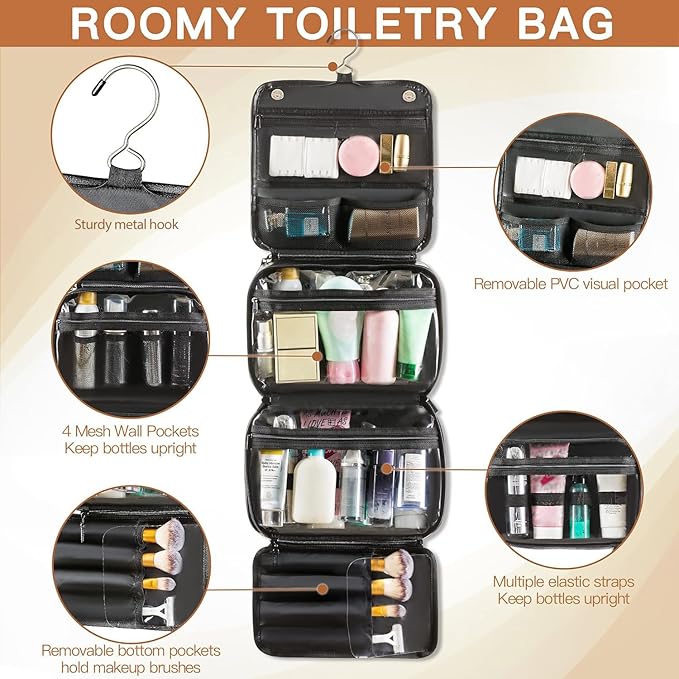 Elviros Hanging Toiletry Bag Removable Travel Bag PU leather Makeup Cosmetic - Image 4